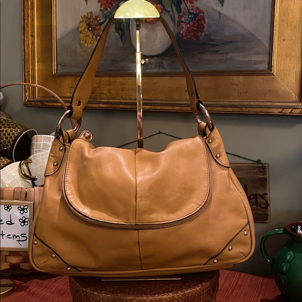 Anne Klein Designer Soft Leather Hobo Shoulder Handbag in a camel shade.